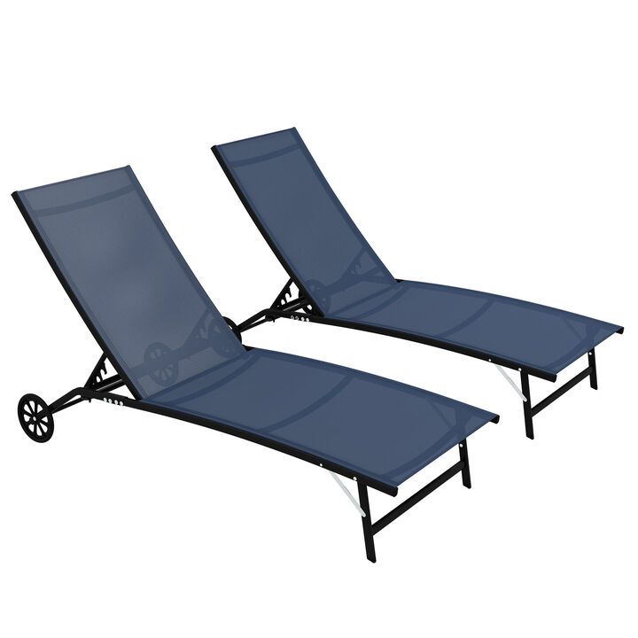 Outsunny Chaise Lounge Outdoor, 2 Piece Lounge Chair with Wheels, Tanning Chair with 5 Adjustable Position for Patio, Beach, Yard, Pool, Black