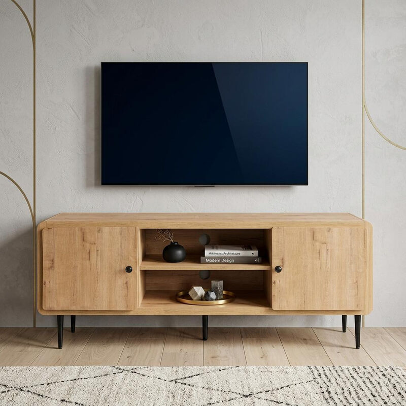 HomeRoots 55" Natural Wood Enclosed and Open Storage TV Stand image number 1