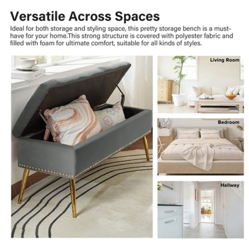 Mid-Century Modern Bed Storage Bench with Velvet Seat