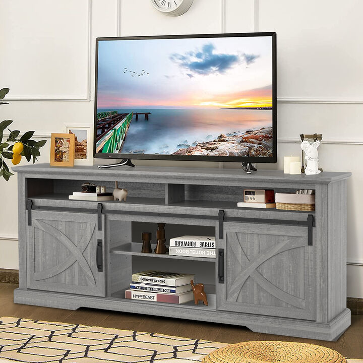 68" Light Gray TV Stand with Open Storage Shelves and Cabinets Media Console for TVs up to 78"