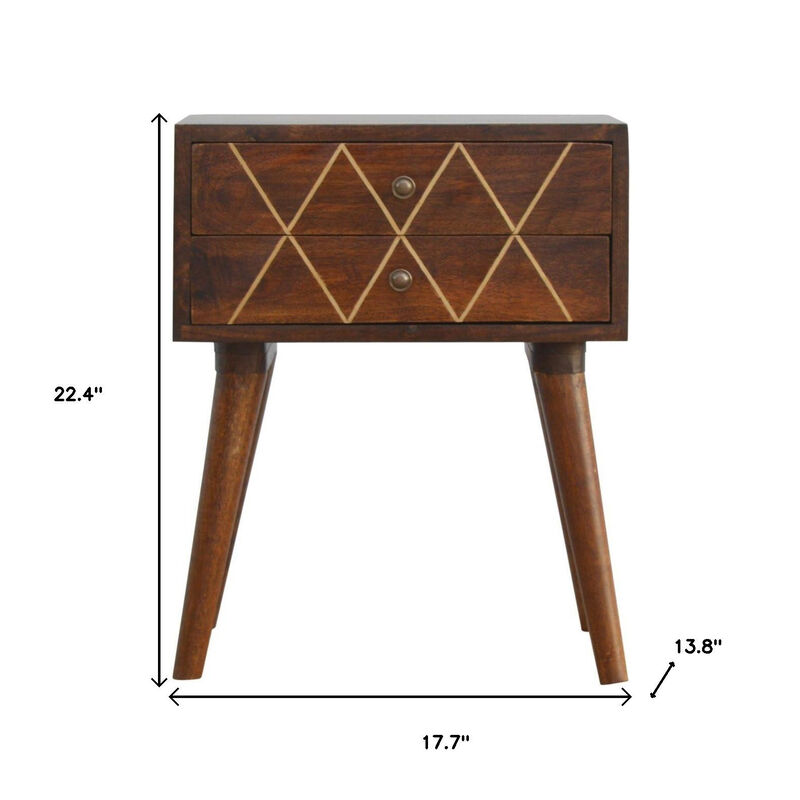 HomeRoots 22" Chestnut Solid Wood Geometric Brass Inlay Two Drawer Nightstand image number 6