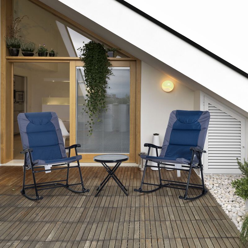 Blue Patio Conversation Set: 3-Piece Rocking Chairs with Glass Table