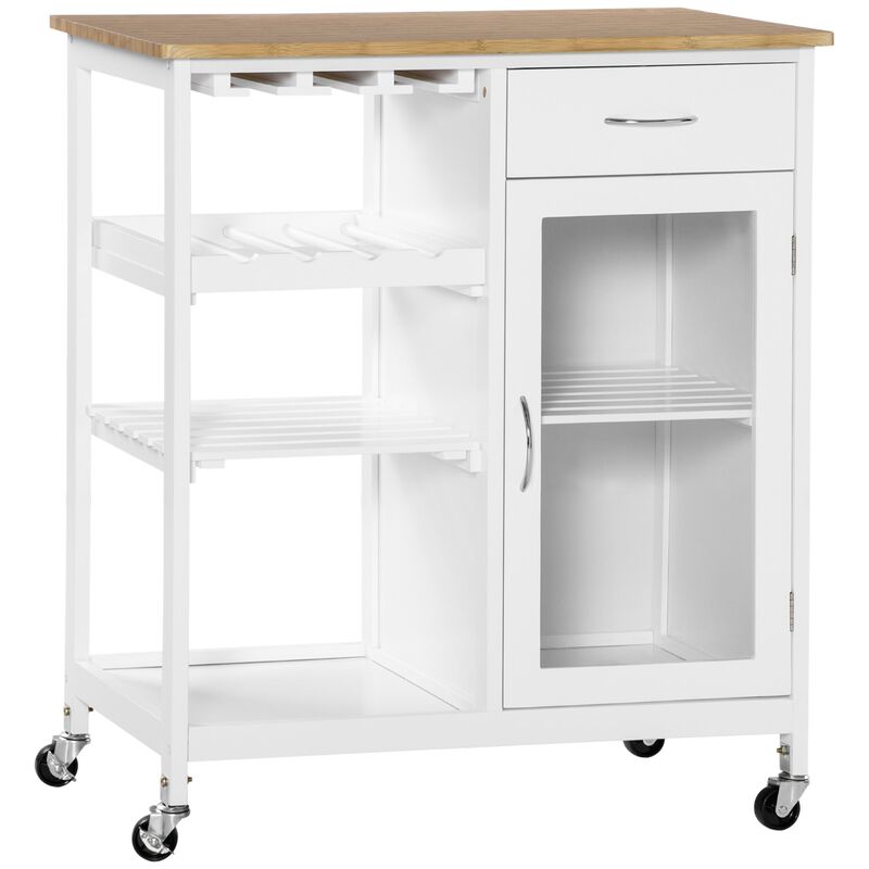 White Kitchen Trolley: Portable Cart with Bamboo-Effect Top