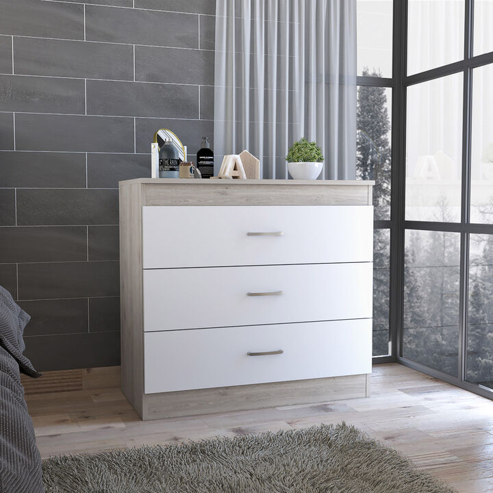 Melia Three Drawer Dresser, Superior Top, Metal Hardware -Light Gray / White