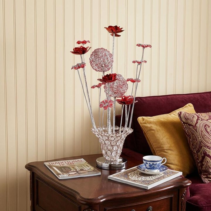 HomeRoots 21" Silver and Clear Metal and Faux Crystal Red Roses Bedside Lamp