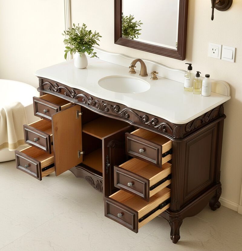 56 Inch Traditional Style Brown Beckham Bathroom Sink Vanity With White Top image number 6
