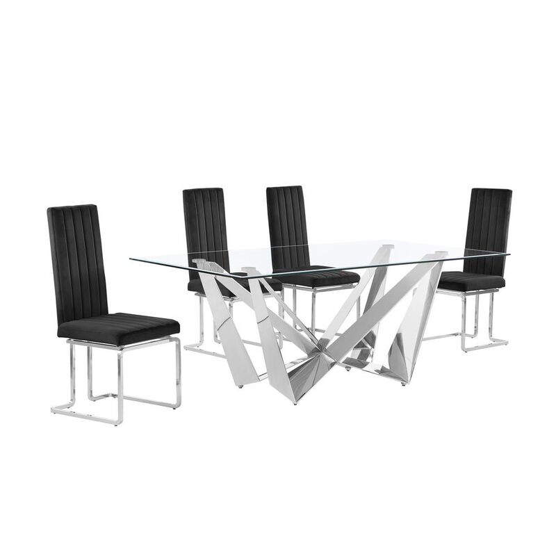 5pc Small(78") glass dining set with silver base and 4 Black side chairs