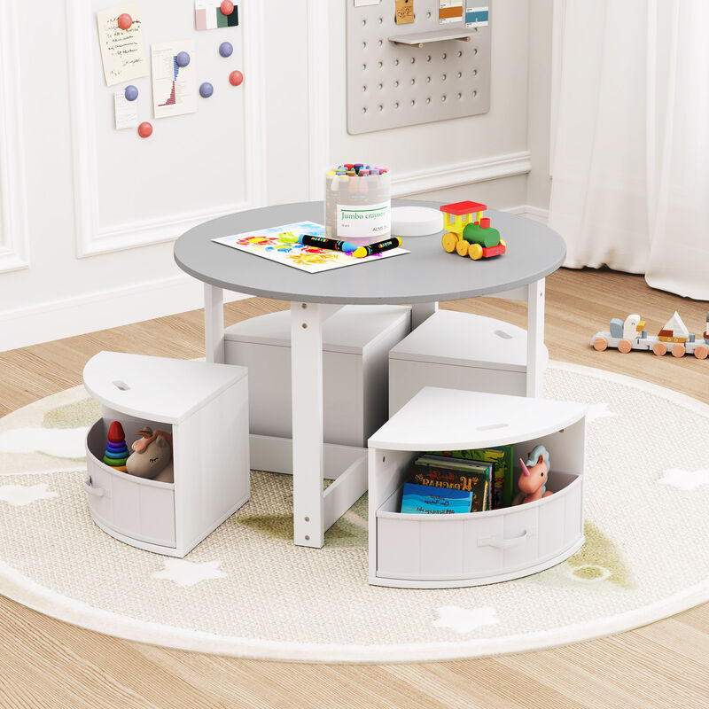 Kids 5-Piece Round Activity Table Set with 4 Nesting Storage Stools &ndash; Grey image number 4