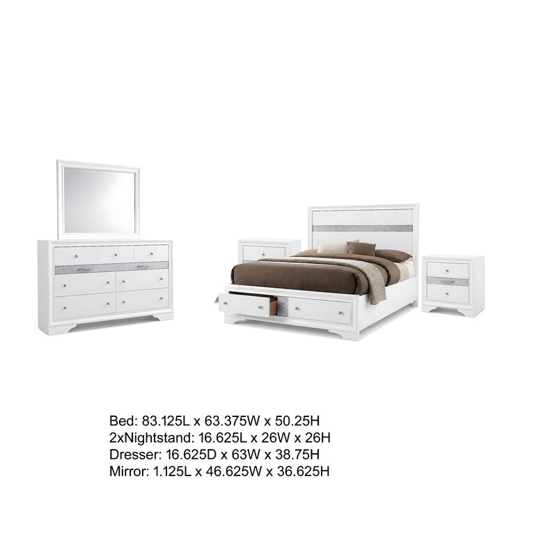 Cevy 5pc Queen Bedroom Set, 2 Nightstands, Silver Accents, White Wood image number 7