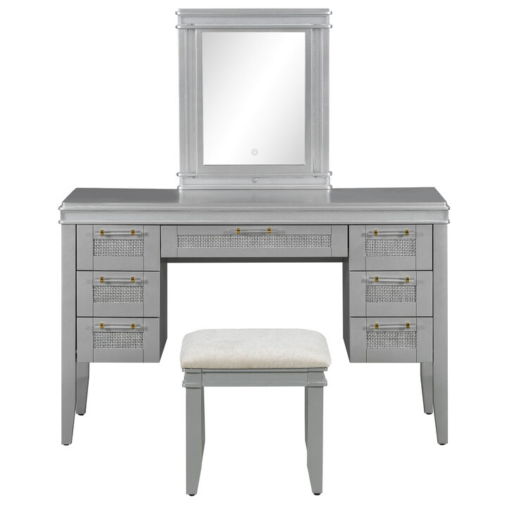 Whisen 48" Vanity Set with 7 Drawers & Cushioned Stool, MDF & Rubber Wood Dressing Table with LED Lights for Bedroom
