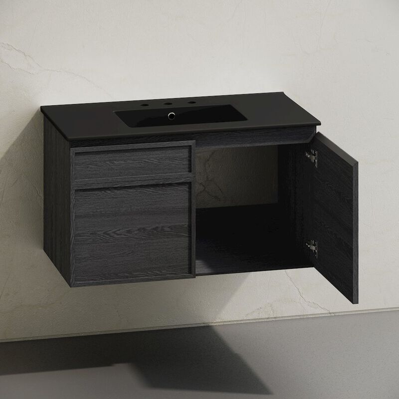 36" Wall-Mounted Bathroom Vanity in Black Oak, Black 3-Hole Widespread Sink Top image number 3