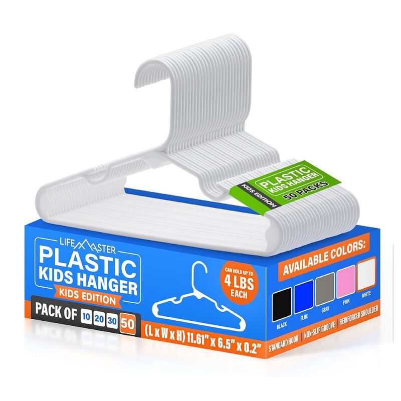 Lifemaster Plastic Kids Clothes Hanger &ndash; Children Clothes Hanger with Shoulder Notch, 11.6 Inch Space-Saving Closet Organizer for Baby, Toddler, and Kids Clothing, Hold Up to 4 lbs, Pack of 50, White