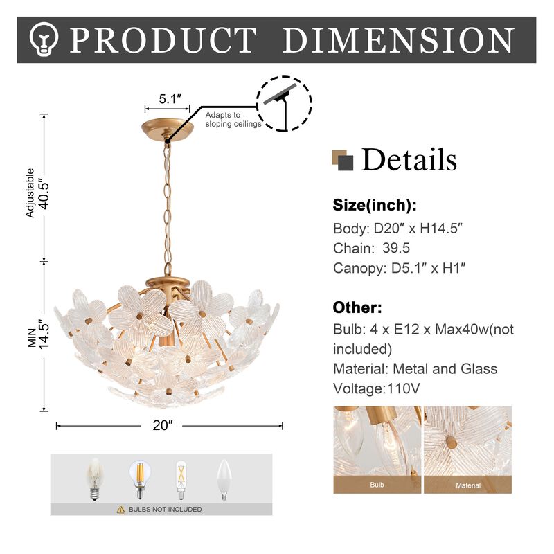 Frieda Modern 4-Light 20" Brushed Brass Clear Glass Flower Chandelier image number 5
