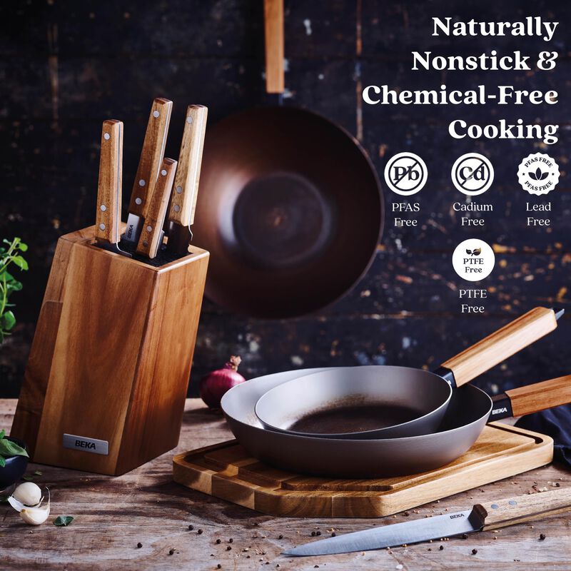 Alva Forest Carbon Steel Pan Pre-Seasoned with Natural Mineral Oil, Acacia Wood Stay Cool Handle Nonstick Frying Pan for Searing Steak, Non Toxic, Compatible with All Stovetops and Induction Safe