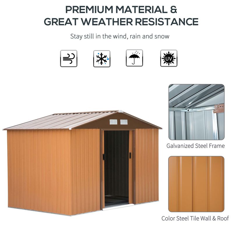 9' x 6' Metal Storage Shed Garden Tool House with Double Sliding Doors, 4 Air Vents for Backyard, Patio, Lawn Brown image number 4