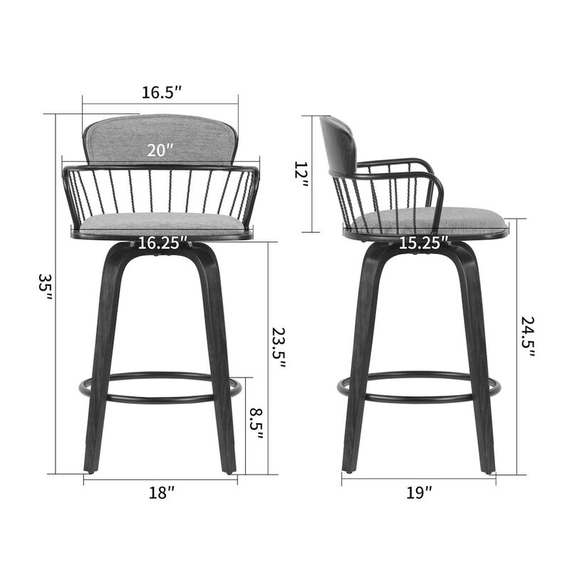 Glamour Home Set of 2 Baker Gray Fabric Counter Stool with Black Iron Back and Wood Legs