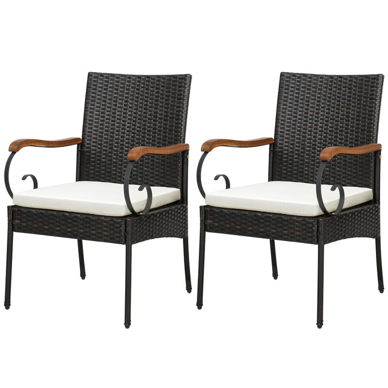 Outdoor PE Wicker Chair with Acacia Wood Armrests