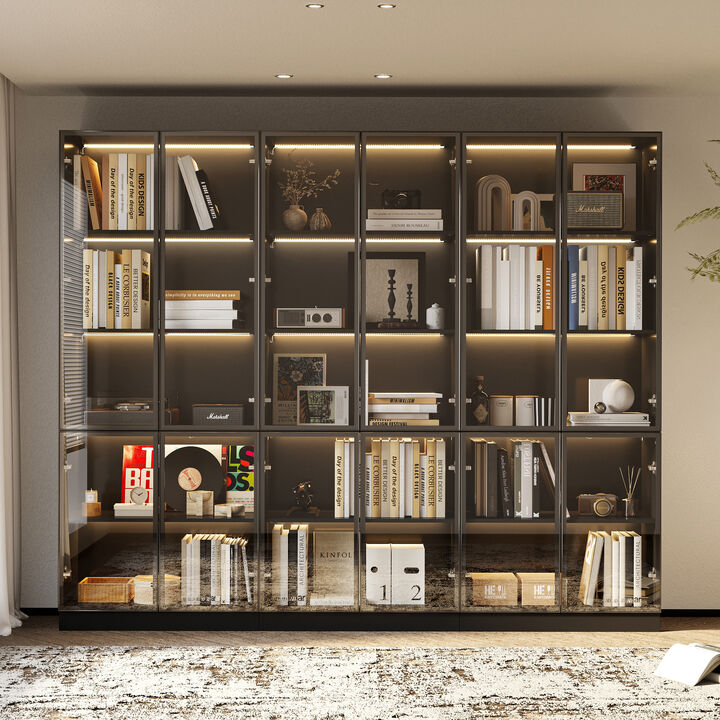 FUFU&GAGA Modern Black Bookcase with LED Lighting &ndash; Stylish Storage Cabinet with Tempered Glass Doors and Adjustable Shelves, (94.5" L x 14.2" W x 78.7" H),Black