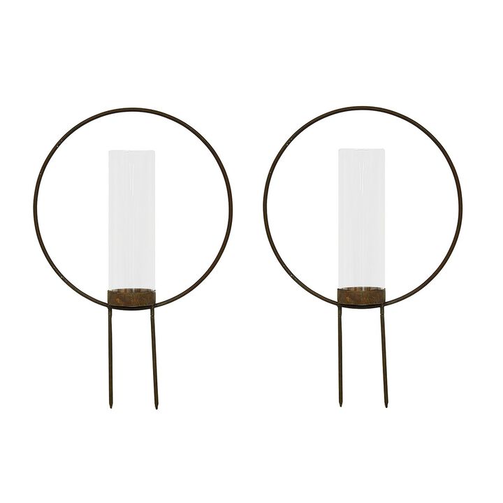 Set Of 2 Rust Color Metal Hoop Outdoor Ground Candleholders 12 Inch