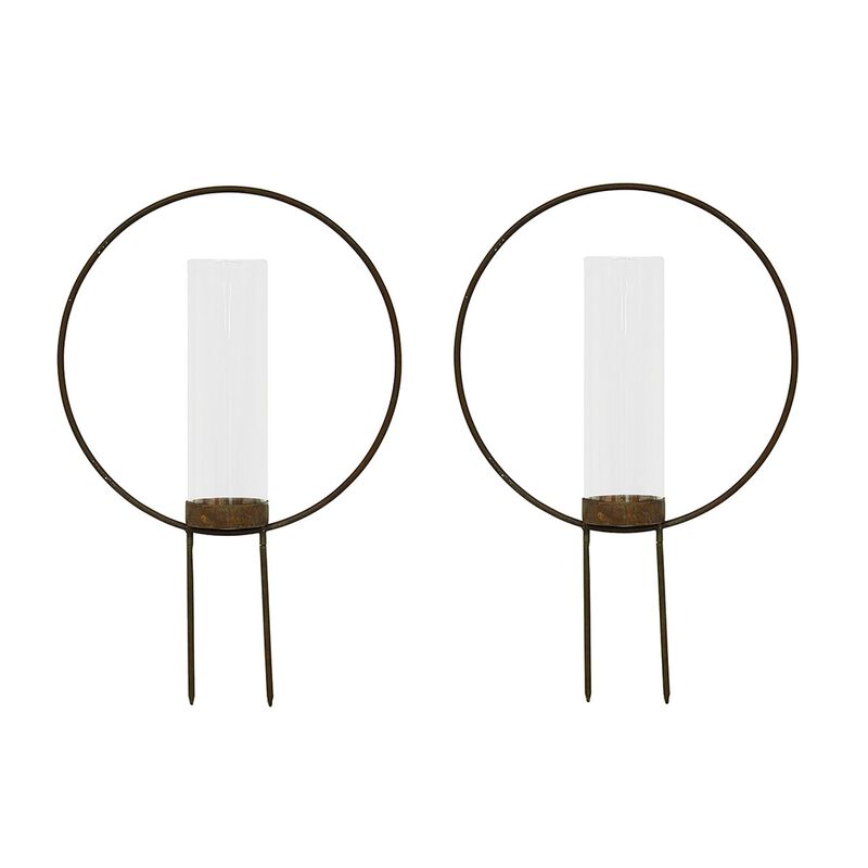 Set Of 2 Rust Color Metal Hoop Outdoor Ground Candleholders 12 Inch image number 0