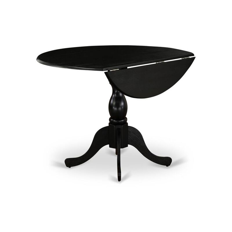 Round wood table Wire Brushed Black Color Table Top Surface and Asian Wood Drops Leave Kitchen table with Pedestal Legs - Wire Brushed Black Finish