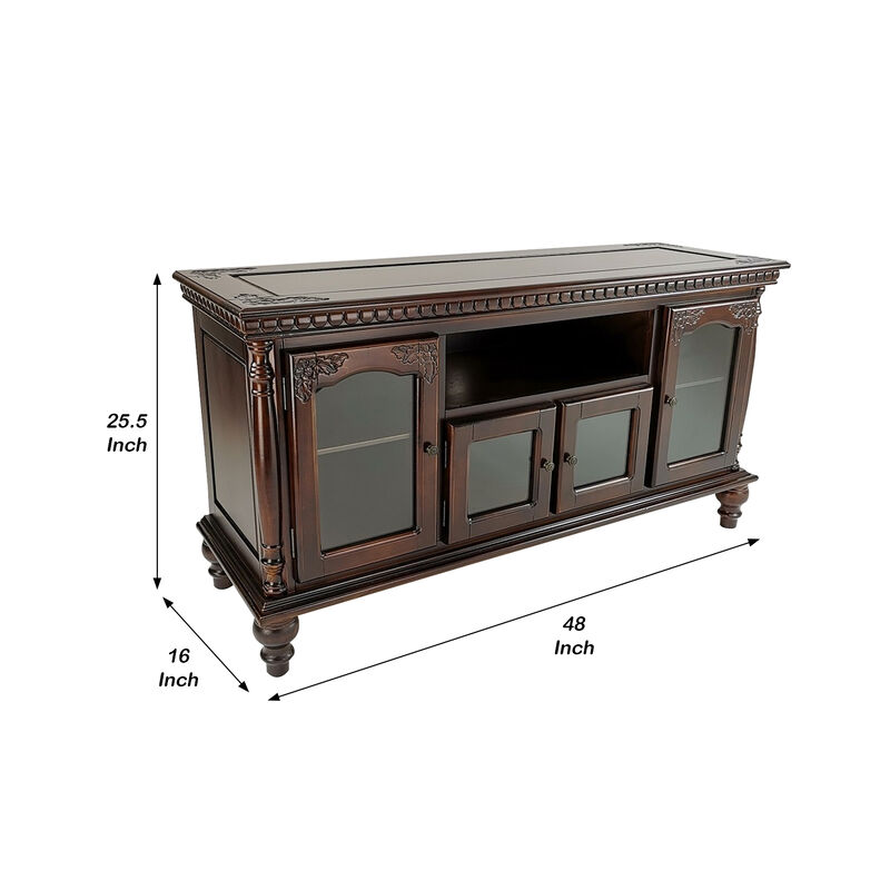TV Stand with 4 Glass Doors and Turnip Feet, Brown - Benzara