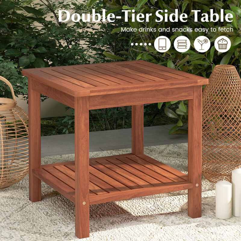 Double-Tier Acacia Wood Patio Side Table with Slatted Tabletop and Shelf