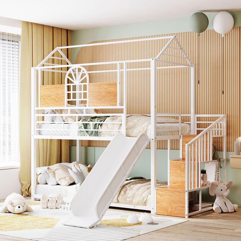 Merax Metal House Bunk Bed with Slide and Storage Stair image number 2