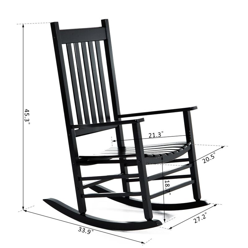 Classic Porch Seating: Black Wooden Slatted Rocking Chairs with Armrests