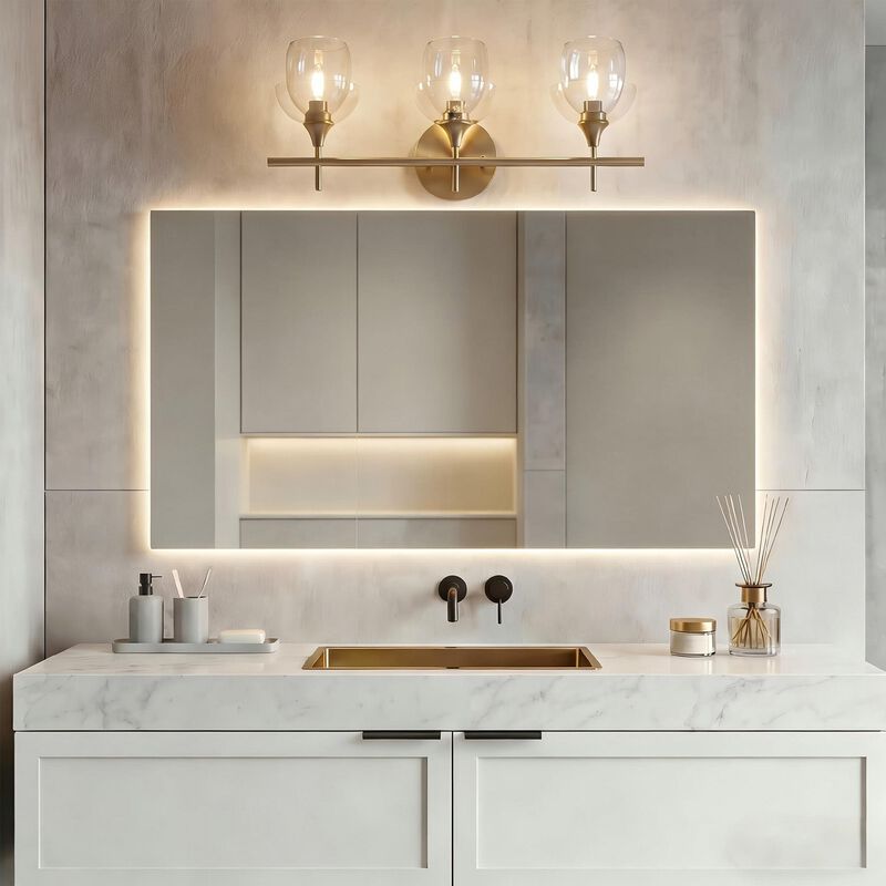 Gold Bathroom Vanity Light, Three-Light Tiered Clear Glass Shades image number 4