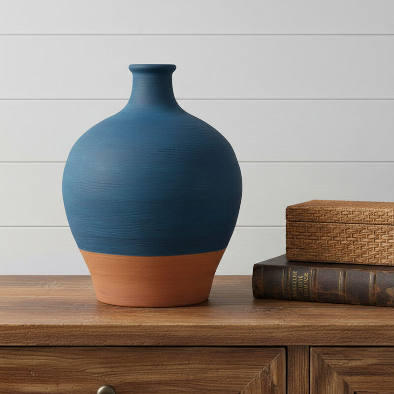 HomeRoots 9" Blue And Terra Cotta Ceramic Round Urn image number 1