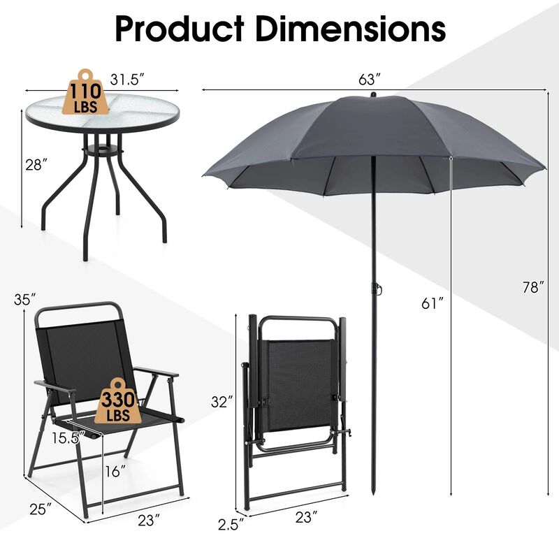 Mondawe 6 Pcs Outdoor Dining Set,4 Folding Chairs & Tempered Glass Table With Adjustable Umbrella