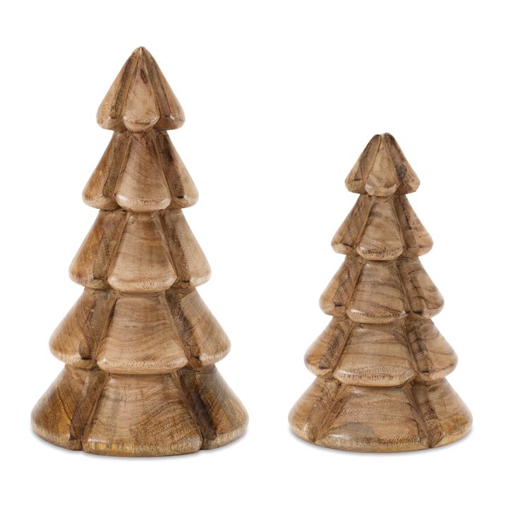 Modern Carved Wood Pine Tree Set of 2 for Festive Accent or Tabletop Decor