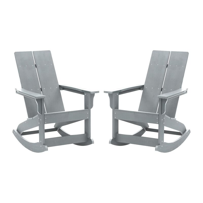 Flash Furniture Finn Modern Commercial Poly Resin Wood Adirondack Rocking Chair - All Weather Gray Polystyrene - Dual Slat Back - Stainless Steel Hardware - Set of 2