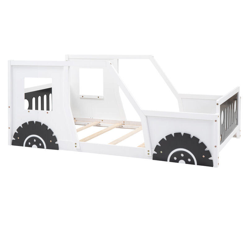 Whisen Twin Size Classic Car-Shaped Platform Bed with Wheels - White