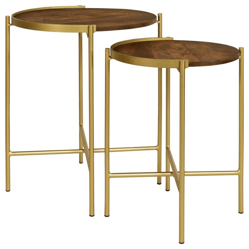 2 Piece Round Nesting Tables, Gold Iron, Modern Mango Wood, Warm Brown