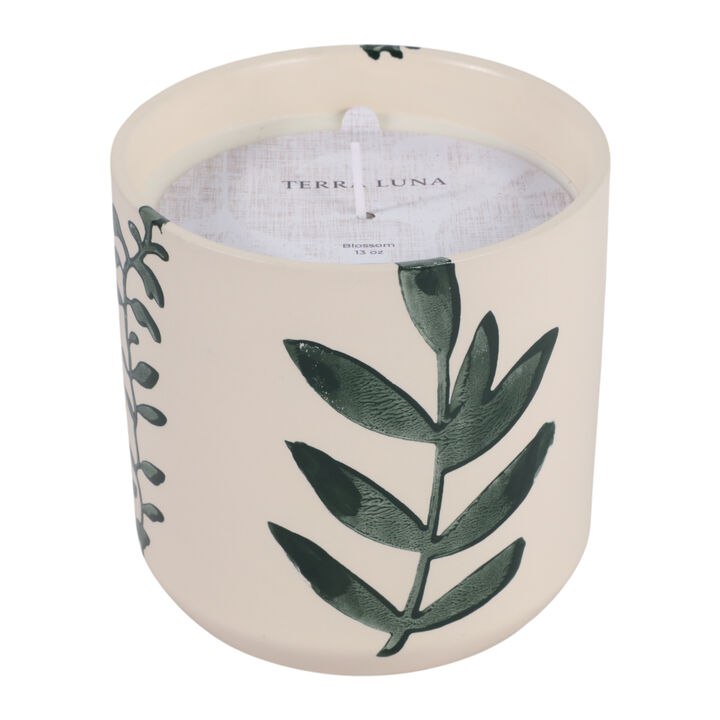 5" 13 Oz Blossom Leaf Print Candle, White/blue