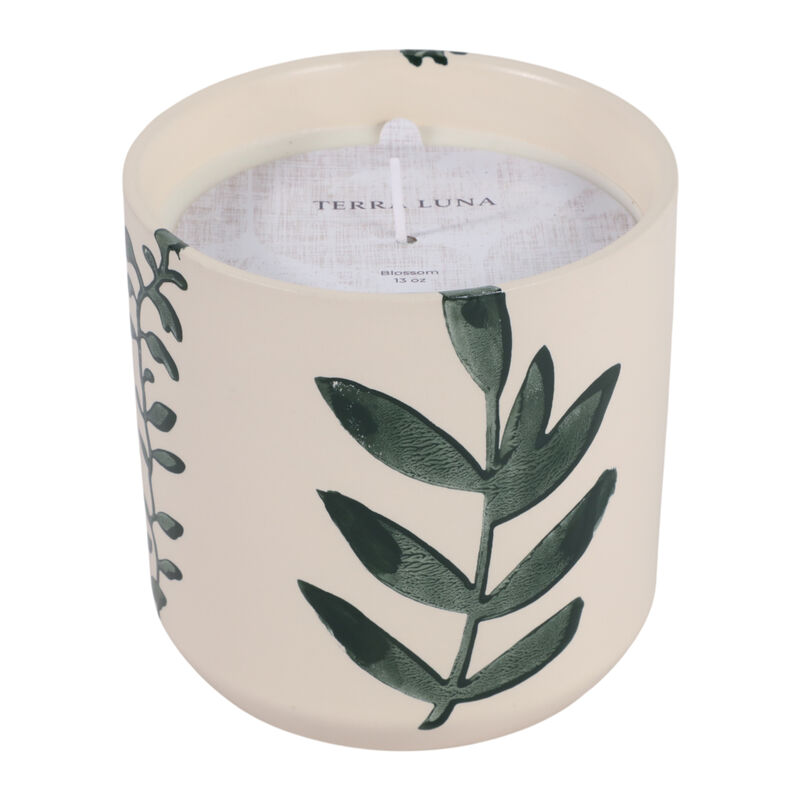 5" 13 Oz Blossom Leaf Print Candle, White/blue image number 0
