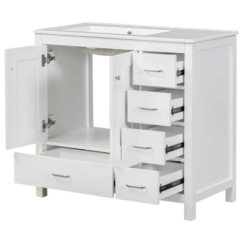 Merax Bathroom Vanity with Ceramic Sink  Freestanding Recessed  5 Drawers & 2 Soft-Close Doors Storage Cabinet Combo