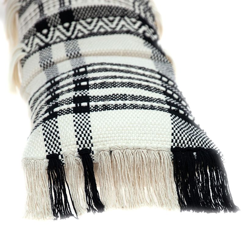 HomeRoots 12" X 35" Black and White Plaid Cotton Lumbar Throw Pillow With Fringe image number 2