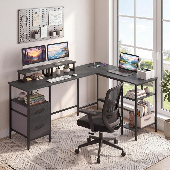 Reversible L Shaped Computer Desk with Power Outlet and Monitor Stands
