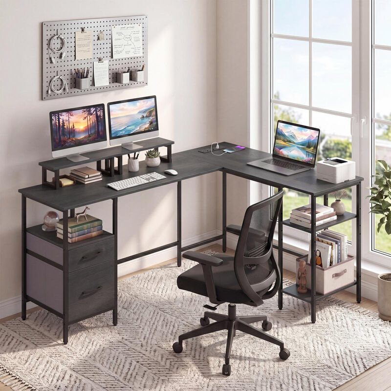 Reversible L Shaped Computer Desk with Power Outlet and Monitor Stands image number 1