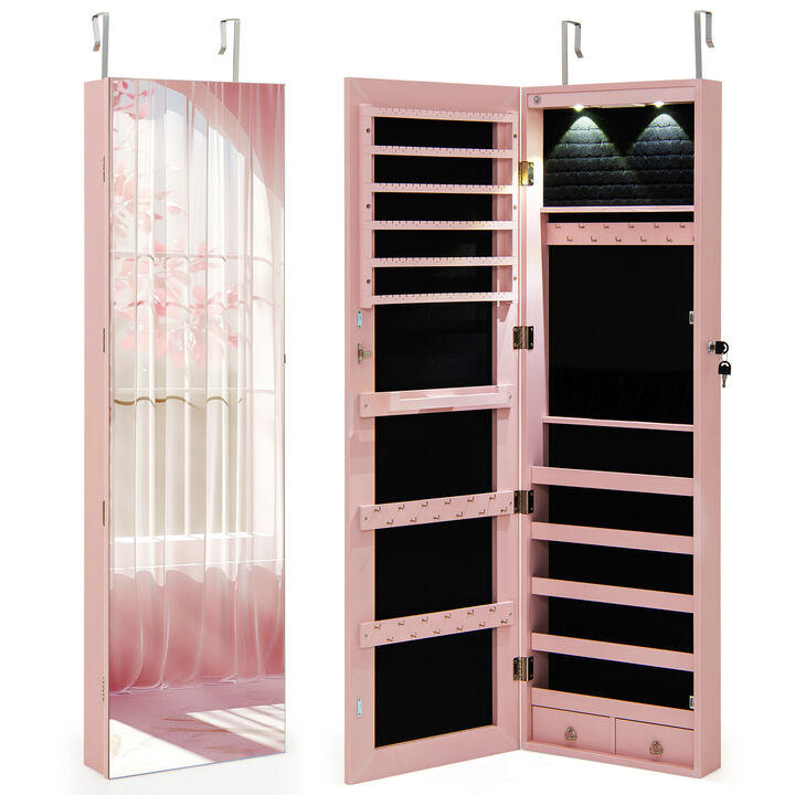 Wall and Door Mounted Mirrored Jewelry Cabinet with Lights-White