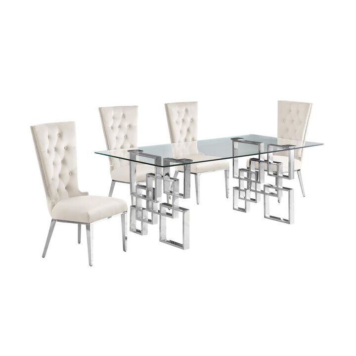 5-piece glam dining set with 4 cream chairs and a 79" long glass  table