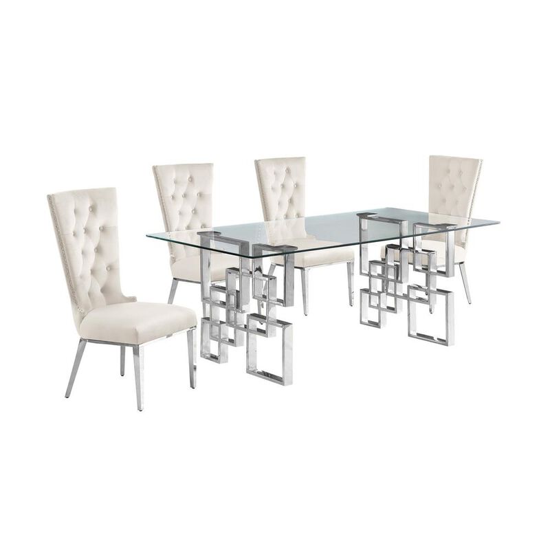5-piece glam dining set with 4 cream chairs and a 79" long glass  table