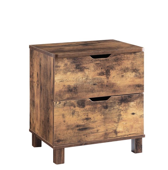 Distressed Wood Nightstand with 2 Drawers & Cutout Curved Handles