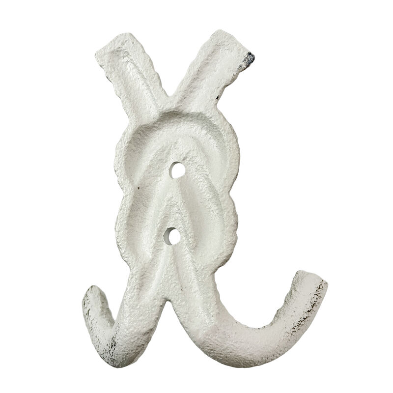 Zeckos 4 Inch Cast Iron Rope Knot Wall Hooks, Set of 3 Nautical Double Coat Hooks, Antique White Coastal Wall Decor with Matching Screws for Beach Bathroom, Entryway, Mudroom or Bedroom image number 3