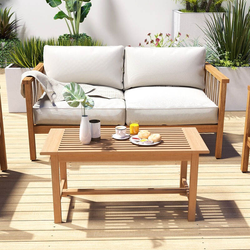 Patio Coffee Table  Rectangular Outside Side Table with Slatted Tabletop