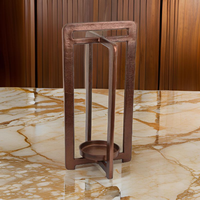 Eya 21 Inch Modern Tabletop Candle Lantern with Round Plate, Copper Metal  - Benzara