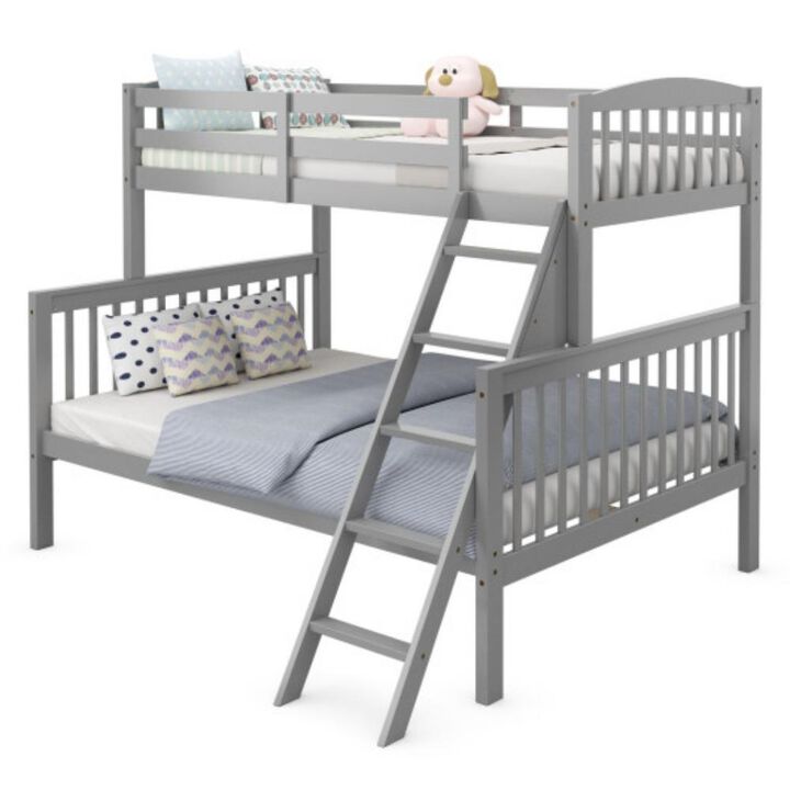 Twin over Full Bunk Bed Rubber Wood Convertible with Ladder Guardrail